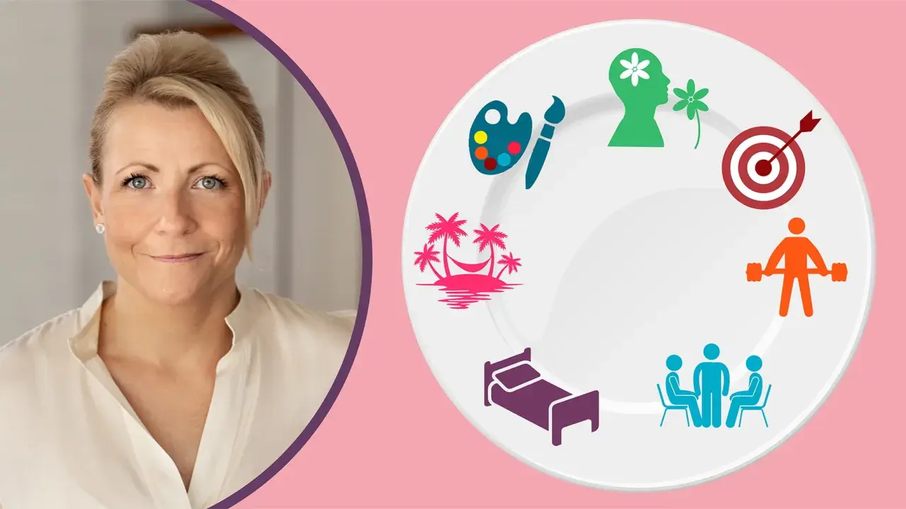 En kvinna ler bredvid en tallrik med symboler för välbefinnande: konst, avkoppling, sömn, socialt umgänge, träning, mål och mental hälsa, som en visuell representation av merkaba meditation.