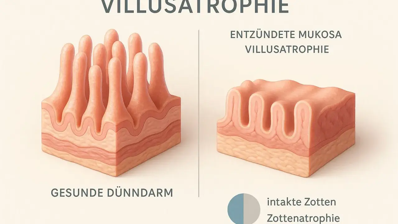 Confronto tra villi intestinali sani e atrofizzati, tipici della celiachia. La celiachia danneggia i villi, riducendone l'assorbimento.