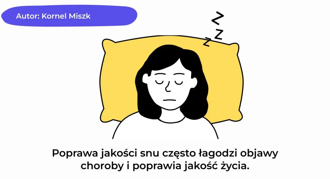 Ilustracja przedstawia osobę z zaburzeniami snu, leżącą na poduszce. Poprawa jakości snu łagodzi objawy choroby.