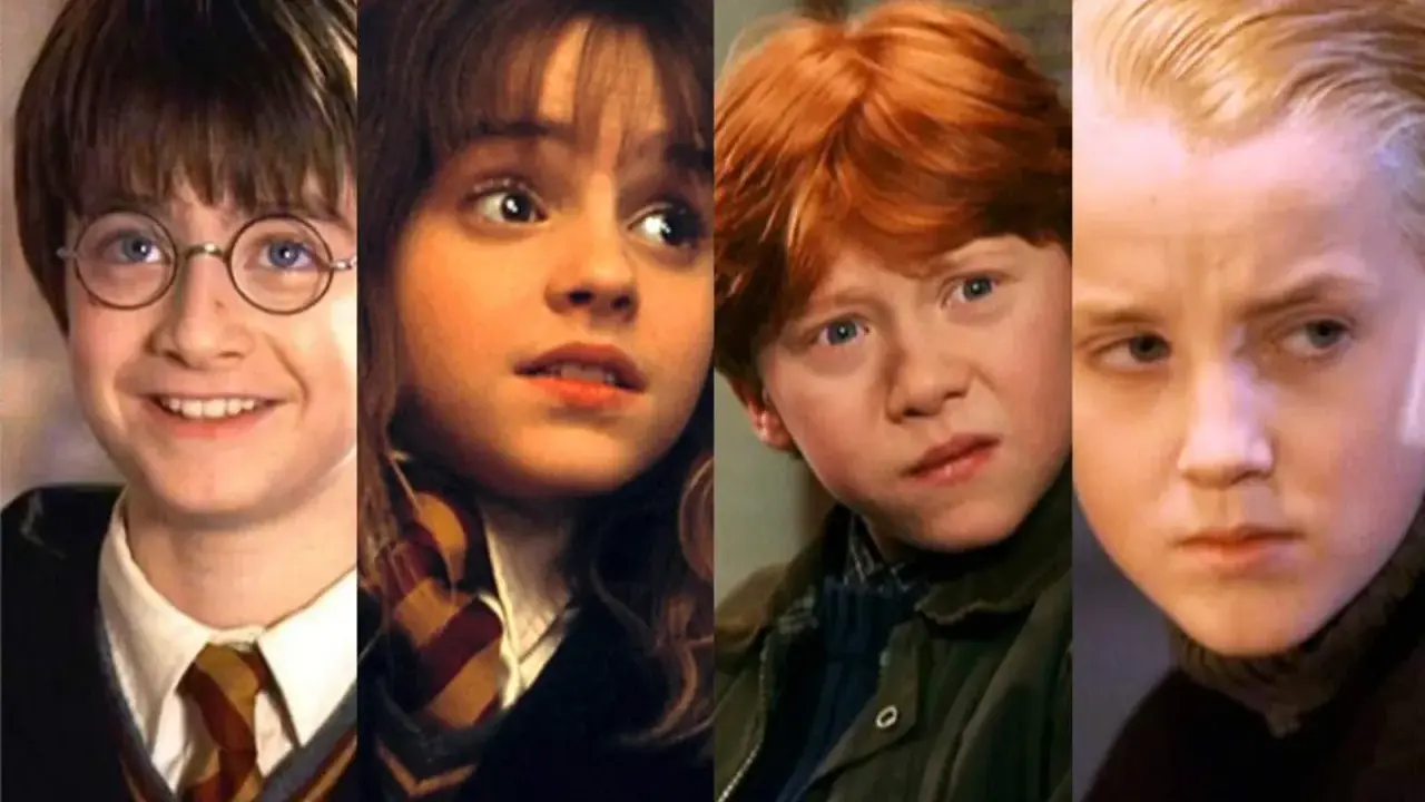 Harry, Hermione, Ron y Draco jóvenes. La saga Harry Potter es apta para todas las edades, pero la harry potter edad recomendada varía según la película.
