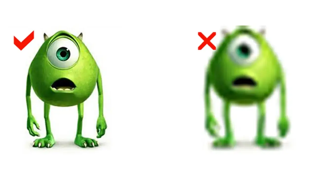 Mike Wazowski con alta resolución (check) y baja resolución (X). La diferencia muestra qué es la resolución de una imagen.