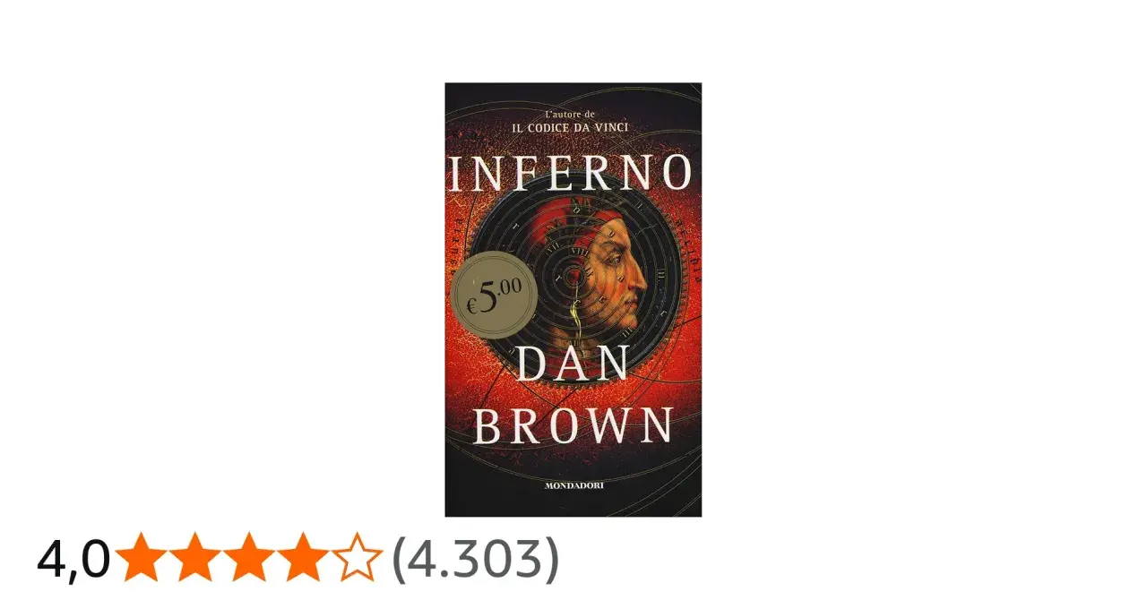 Copertina del libro "Inferno" di Dan Brown, con un volto stilizzato e un cerchio zodiacale. La trama è un thriller avvincente.