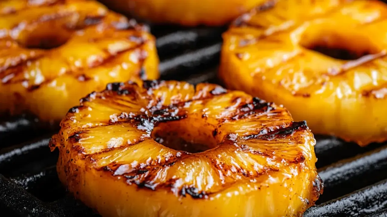 Saftige Ananasscheiben mit Grillstreifen auf einem Rost. Das Ananas grillen verzaubert mit süß-karamelliger Note.