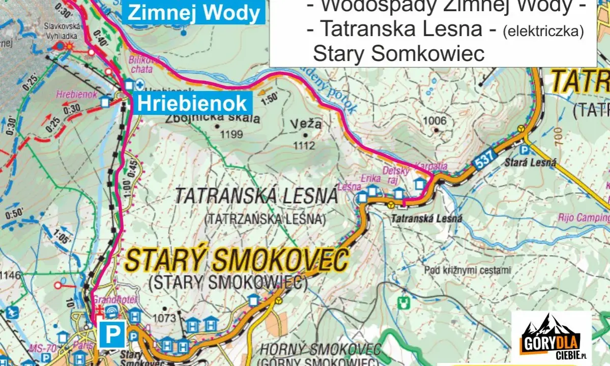 Trasa Stary Smokowiec - Hrebienok - Wodospady Zimnej Wody - Tatranská Lesná. Mapa turystyczna Tatr.