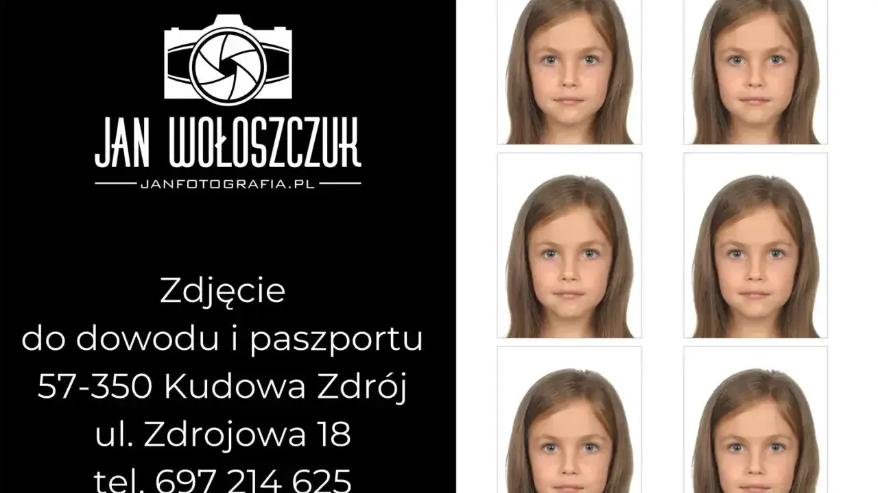 Sześć identycznych zdjęć dziewczynki do dokumentów na białym tle.