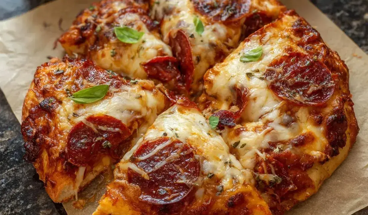Gotowe ciasto na pizzę z pepperoni, ciągnącym serem i listkami bazylii, pachnące i apetyczne.