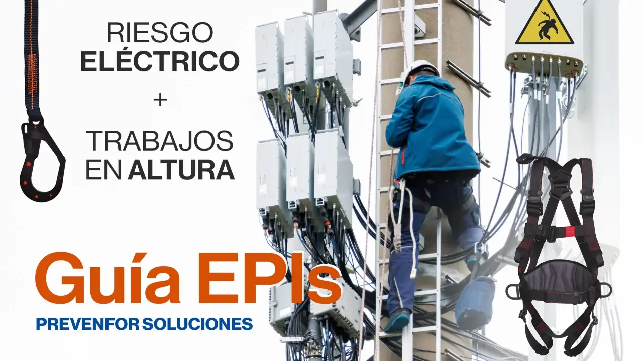 Guía EPIs: Arneses para trabajos en altura y riesgo eléctrico. Un trabajador usa un arnés para subir a una torre de telecomunicaciones.