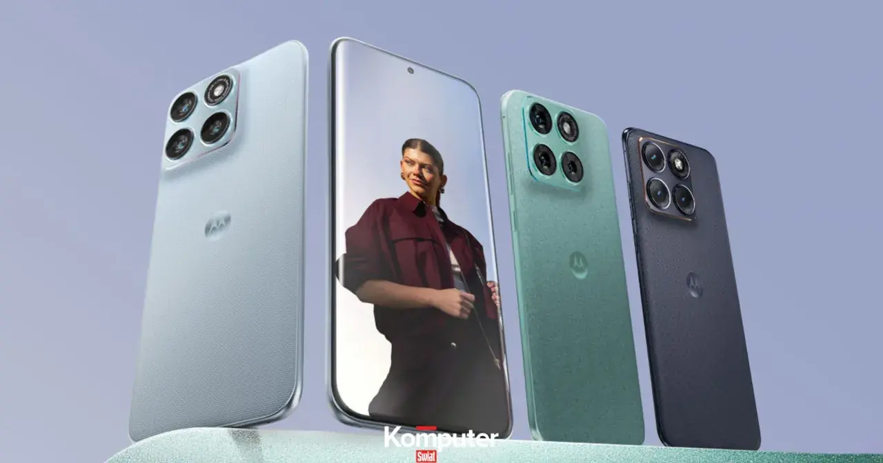 Cztery smartfony Motorola w różnych kolorach, z charakterystycznym logo producenta. Jeden z telefonów wyświetla portret kobiety.