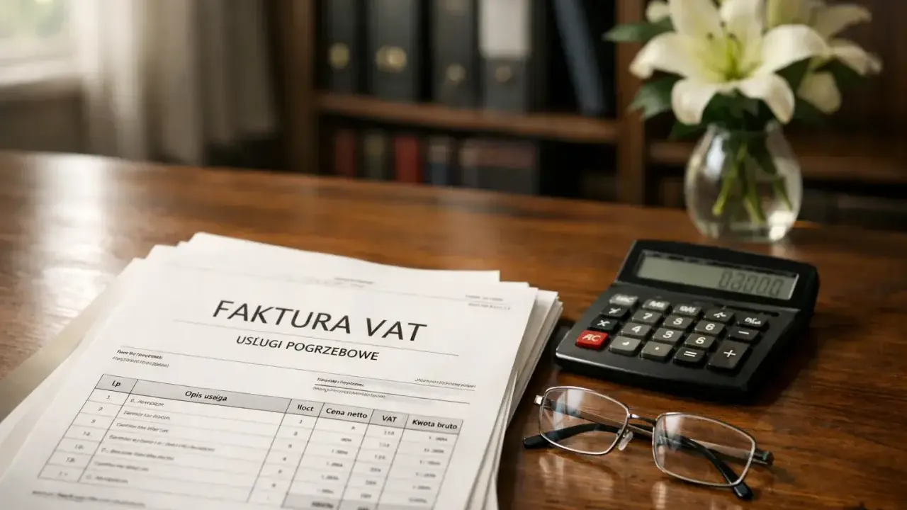 Faktura VAT za usługi pogrzebowe leży na biurku obok kalkulatora i okularów. Czy koszty pogrzebu wchodzą do spadku?