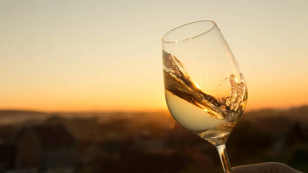 Ein Glas Scheurebe Wein schwenkt im warmen Abendlicht vor einer malerischen Landschaft.