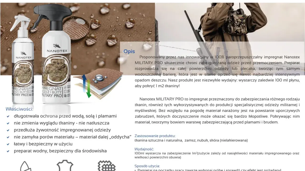 Impregnacja nubuku i skóry MILITARY PRO od Nanotex chroni przed wodą i brudem, zachowując oddychalność materiału.