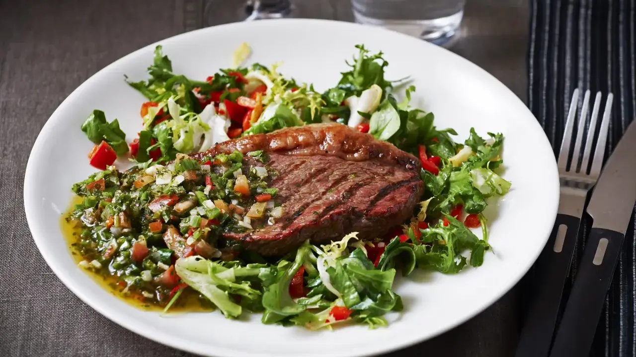 Perfekt grillad picanha med en fräsch sallad och chimichurri. En härlig måltid att njuta av.