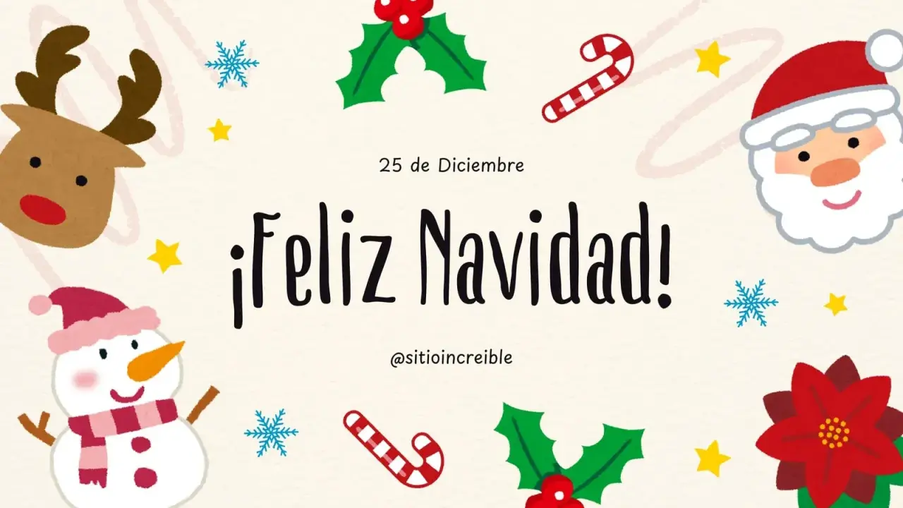 ¡Feliz Navidad! Portada con Santa, reno, muñeco de nieve y adornos festivos.