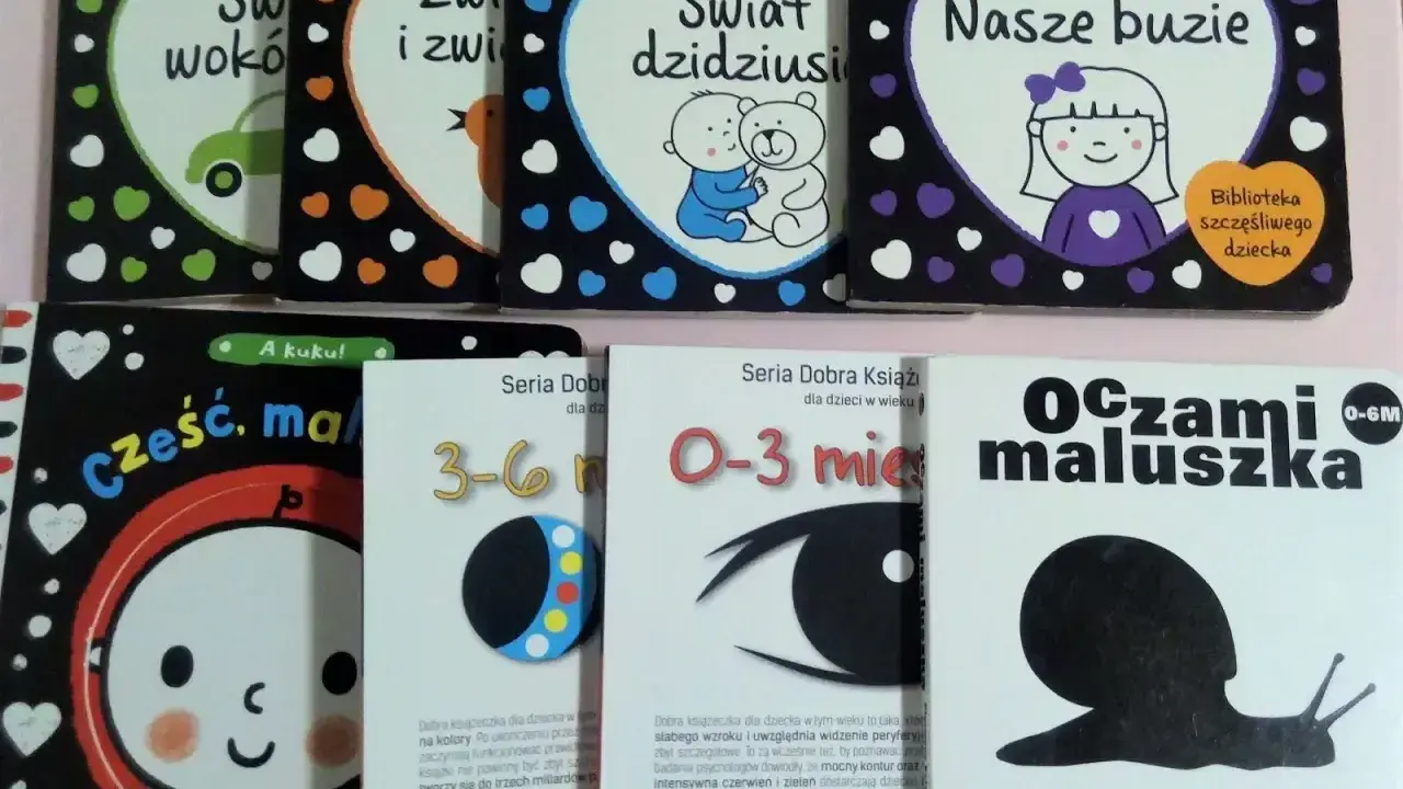 Książeczki kontrastowe dla niemowląt, jak widzi 2 miesięczne dziecko: świat wokół, zwierzęta, buzie, oczy maluszka.