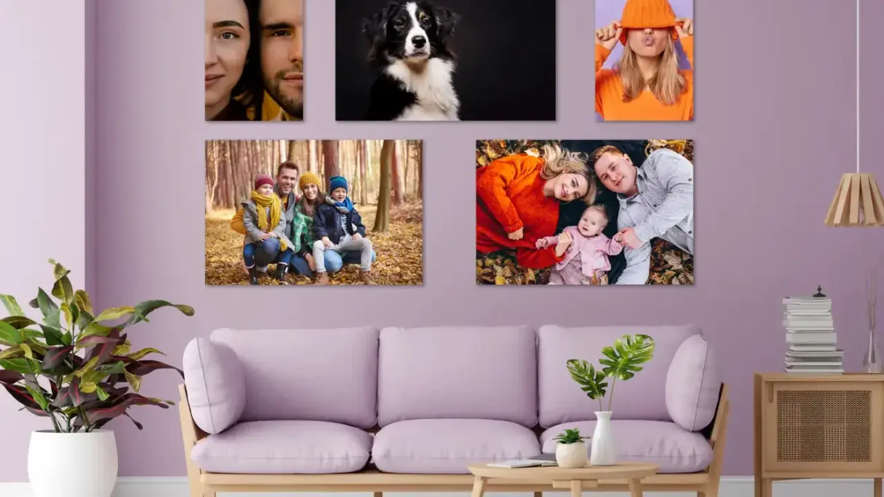Idée tableau peinture à faire soi-même : un couple, un chien, une jeune fille, une famille en forêt et une famille allongée sur des feuilles.
