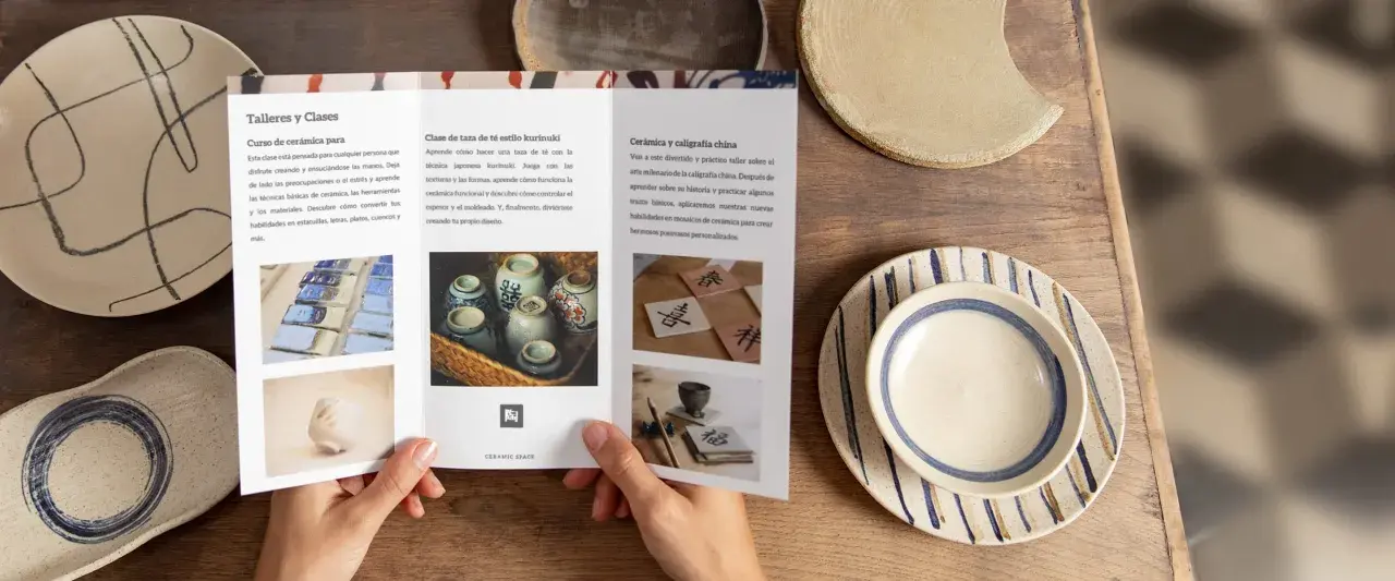 Folleto publicitario ejemplo: talleres de cerámica y caligrafía china. Aprende a crear piezas únicas y personalizadas.