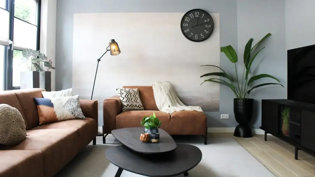 Salon moderne avec canapés marron, coussins colorés, plante verte et horloge murale. Une belle ambiance pour votre diy deco.