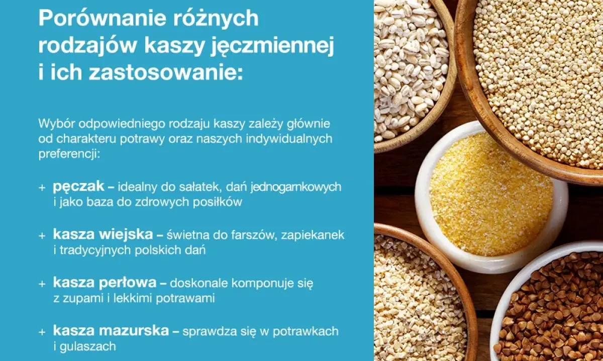 Różne rodzaje kasz: pęczak, wiejska, perłowa i mazurska, z ich zastosowaniami w kuchni.