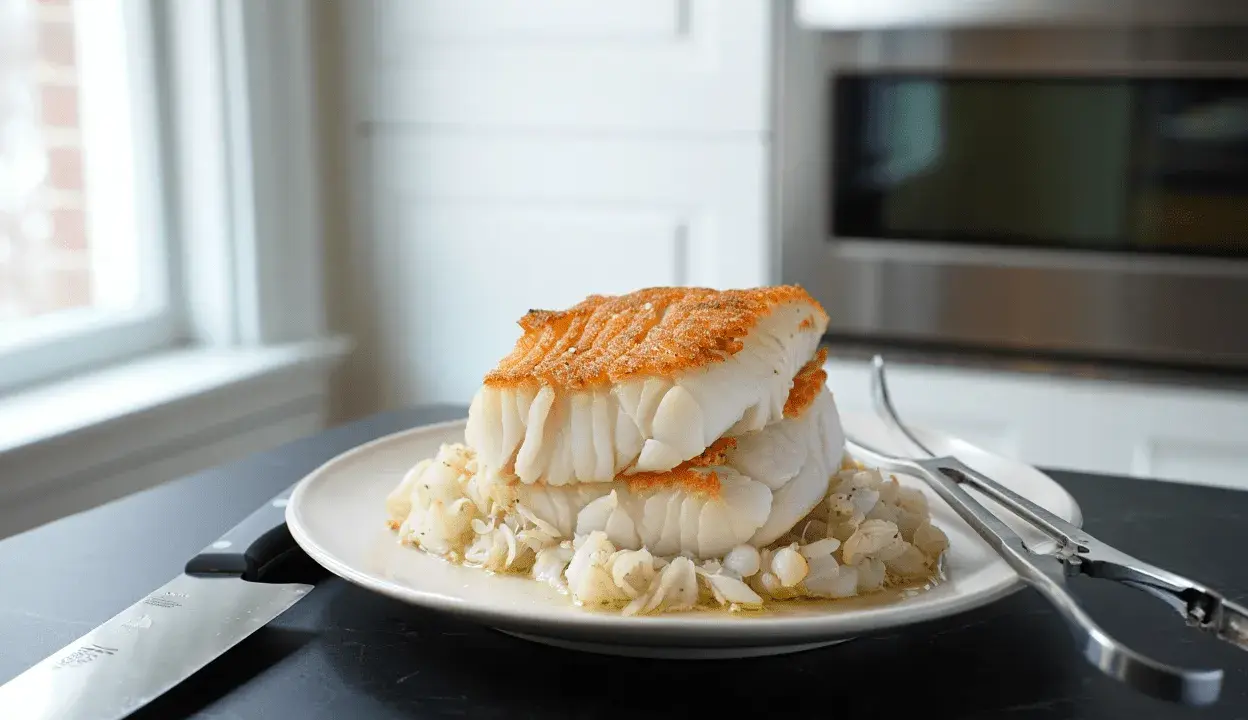 Dos filetes de bacalao dorado sobre una cama de cebolla confitada. Un plato perfecto para tus recetas de bacalao.