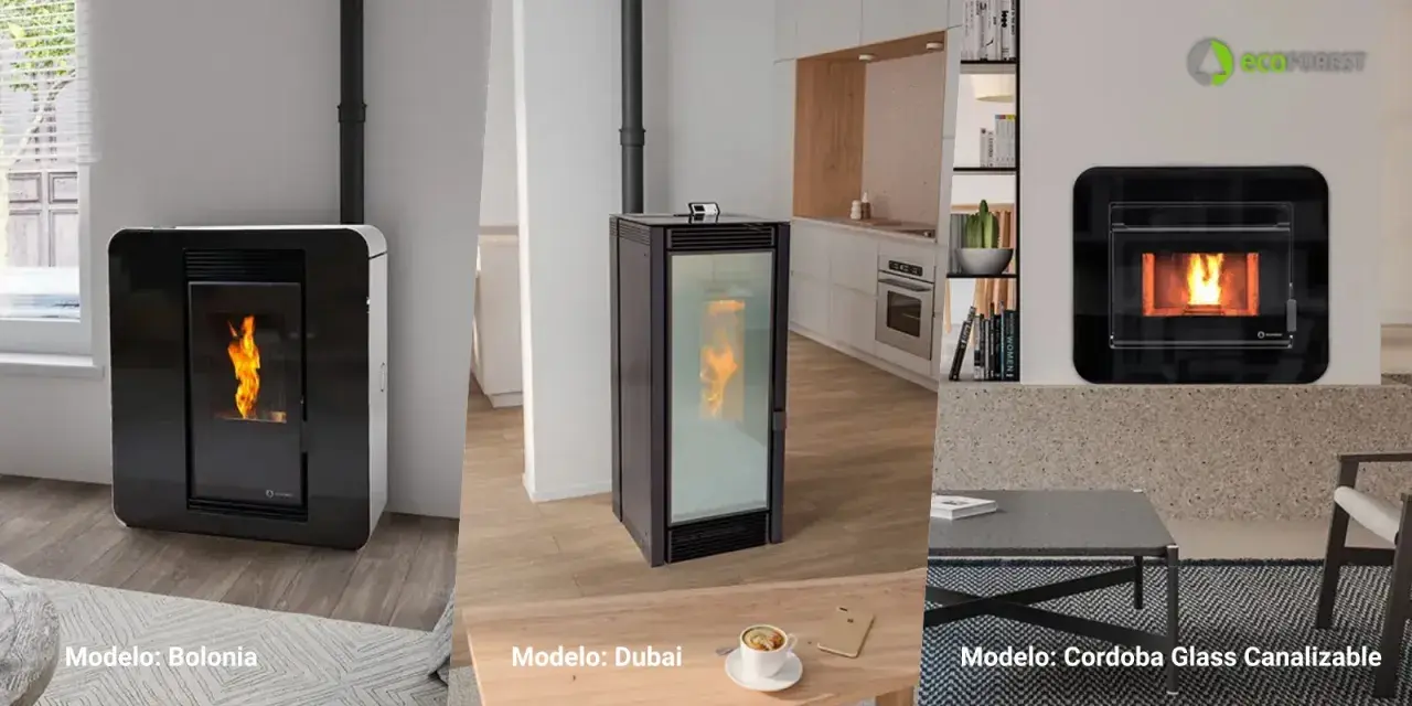Estufas de pellets con salida de humos: modelos Bolonia, Dubai y Córdoba Glass Canalizable, creando ambientes cálidos y modernos.