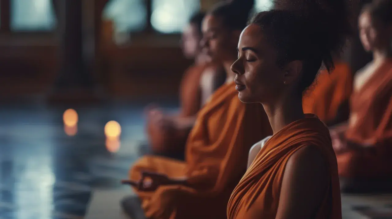 Människor i orange kläder sitter i meditation, en scen av buddistisk frid.