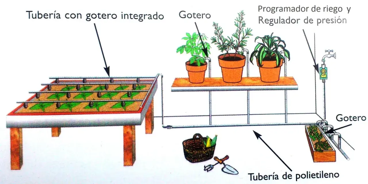 Diagrama de una instalacion riego por goteo, mostrando tuberías, goteros, macetas y un programador.
