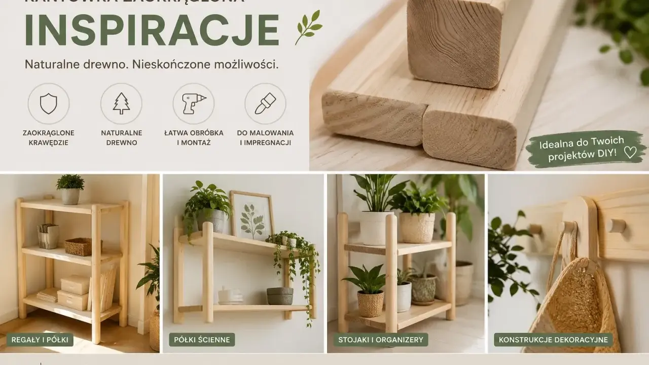 Krawędziaki iglaste z zaokrąglonymi krawędziami, idealne do tworzenia regałów, półek i dekoracji DIY. Naturalne drewno, łatwa obróbka.
