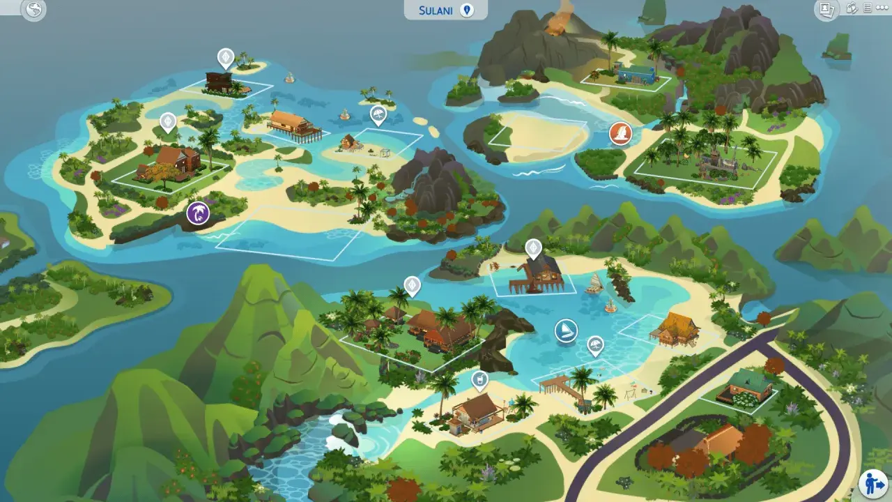 Mapa Sulani z The Sims 4. Zobacz, gdzie kupić domy i działki na tej tropikalnej wyspie.