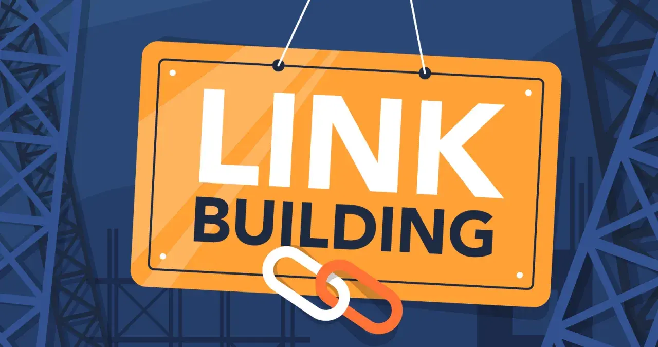 Tablica z napisem "LINK BUILDING" i symbolem łańcucha, sugerująca budowanie silnych połączeń w sieci.