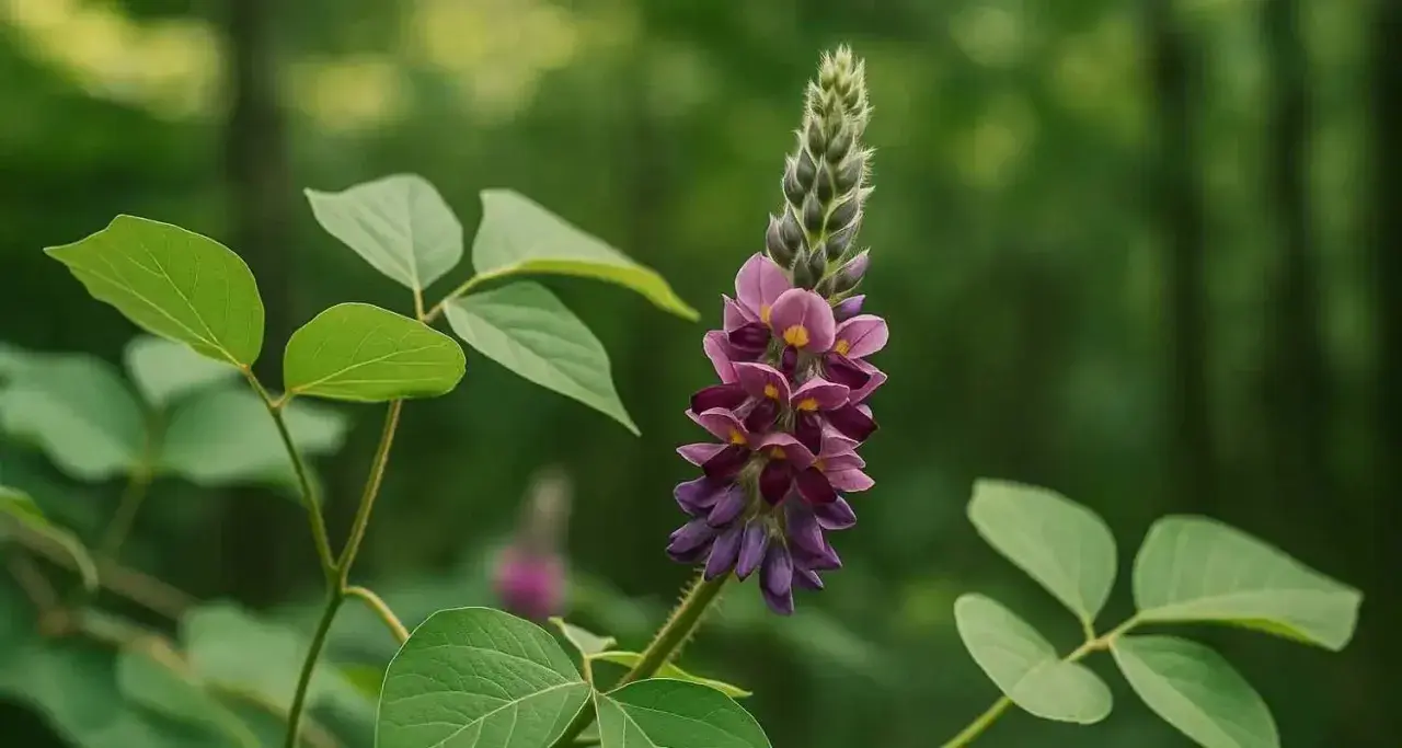 Fleur de kudzu aux teintes violettes et roses, évoquant ses nombreux kudzu bienfaits. Des feuilles vertes entourent la tige.