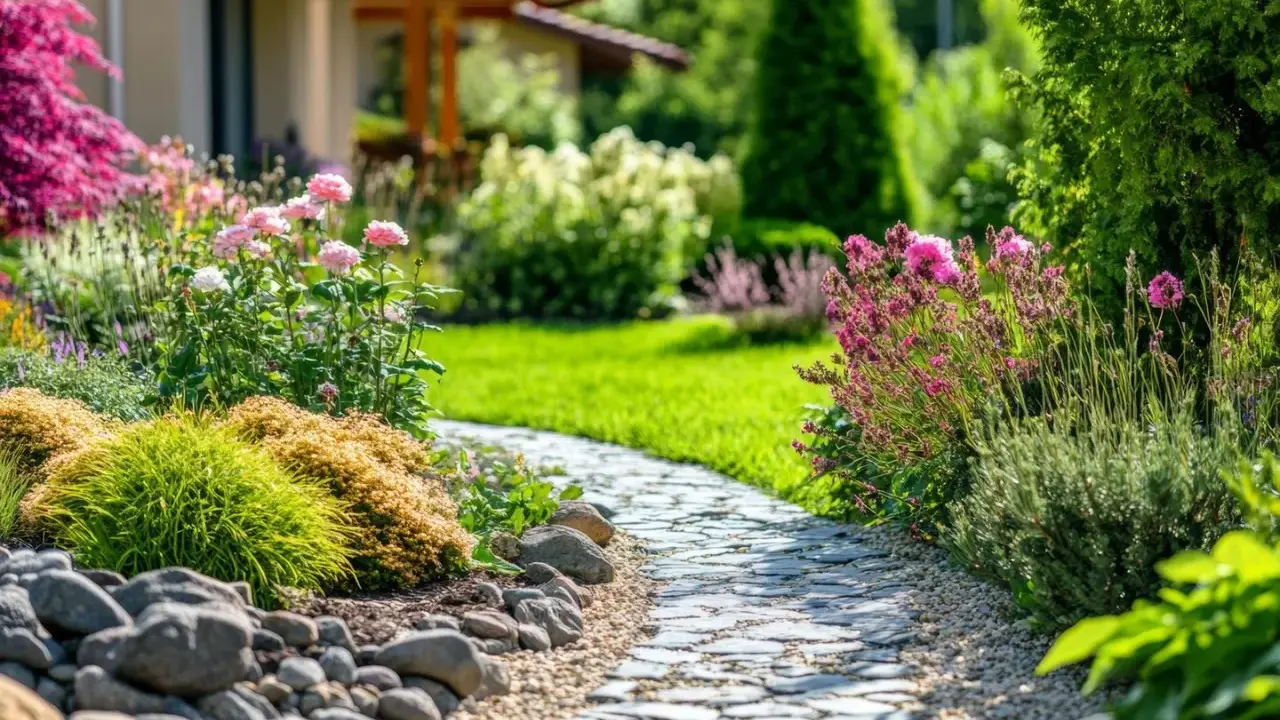 Ein schöner Weg lädt ein, den Garten gestalten mit wenig Geld. Blumen und Steine schaffen eine idyllische Atmosphäre.