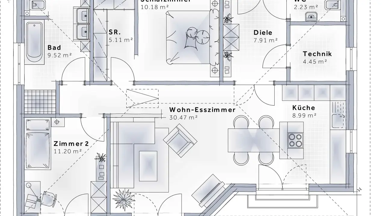 Grundriss eines Bungalows mit Wohn-Esszimmer, Küche, Schlafzimmer, Bad, Zimmer 2, Diele, WC und Technikraum. Ideal zum Bungalow planen.