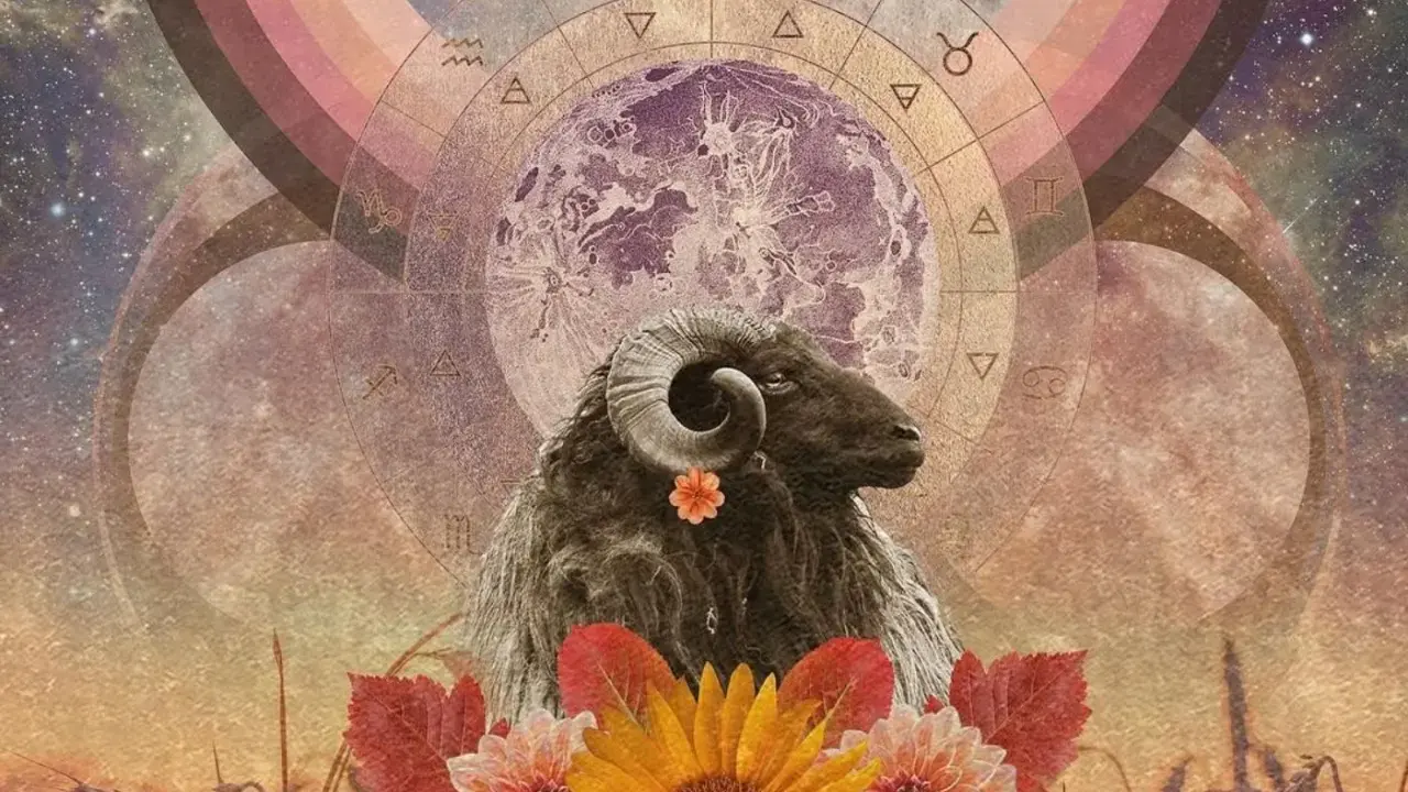 Baran z ozdobnym kwiatkiem, otoczony przez astrologiczny krąg i księżyc. To symbolika "Mars w Baranie", pełna energii i odwagi.