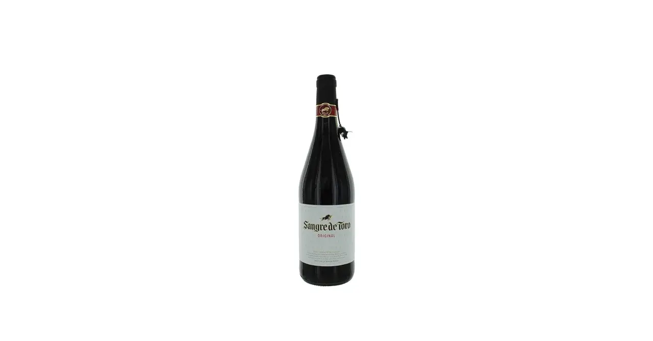 Flasche Sangre de Toro Wein mit Stier-Logo.