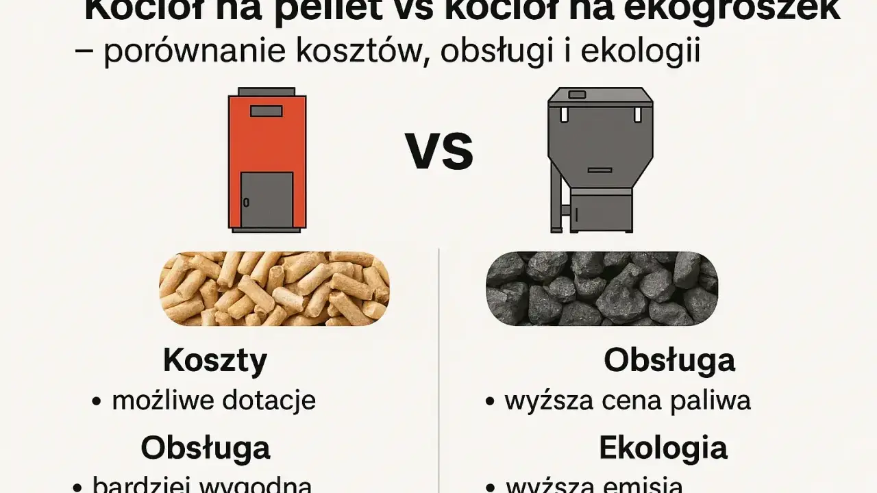 Porównanie kotłów: pellet vs ekogroszek. Pellet to wygodna obsługa i dotacje, ekogroszek to wyższa cena paliwa i emisja.