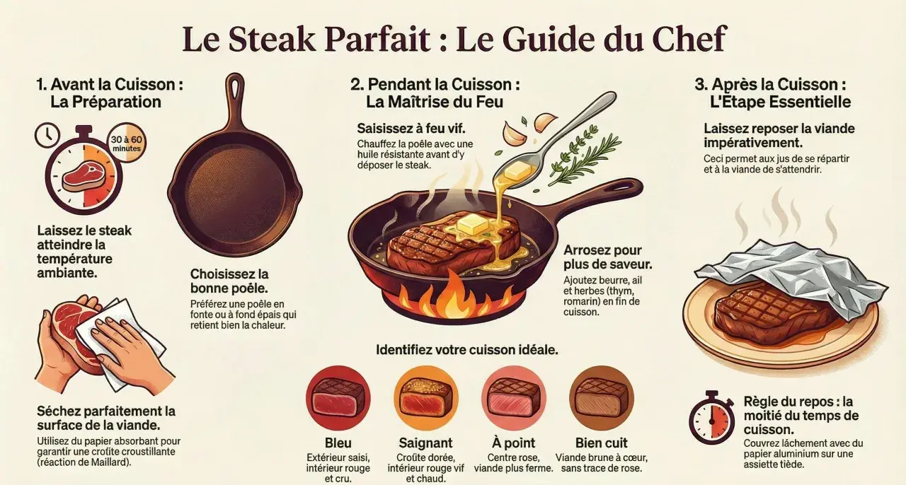 Guide pour un steak parfait : préparation, cuisson à la poêle avec arrosage, et repos. Identifiez la cuisson idéale entre bleu et bien cuit.