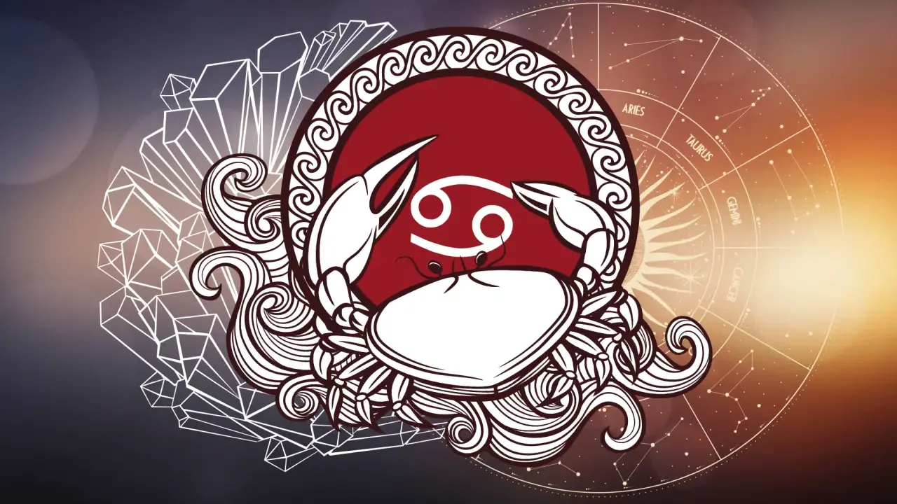 Symbol Raka, znaku zodiaku, z datą urodzenia. Stylizowany rak otoczony kryształami i kołem zodiaku.