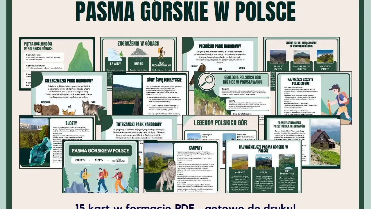Podział gór w Polsce: Karpaty, Sudety, Góry Świętokrzyskie, Tatrzański Park Narodowy, Bieszczadzki Park Narodowy, Pieniński Park Narodowy.