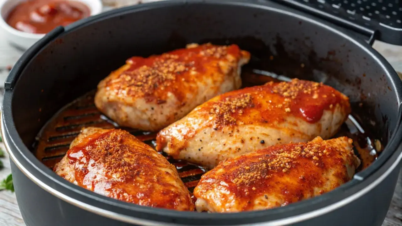 Quatre poitrines de poulet savoureuses, nappées d'une sauce rouge et saupoudrées d'épices, prêtes à être dégustées. Un délice inspiré du marinade poulet portugais.