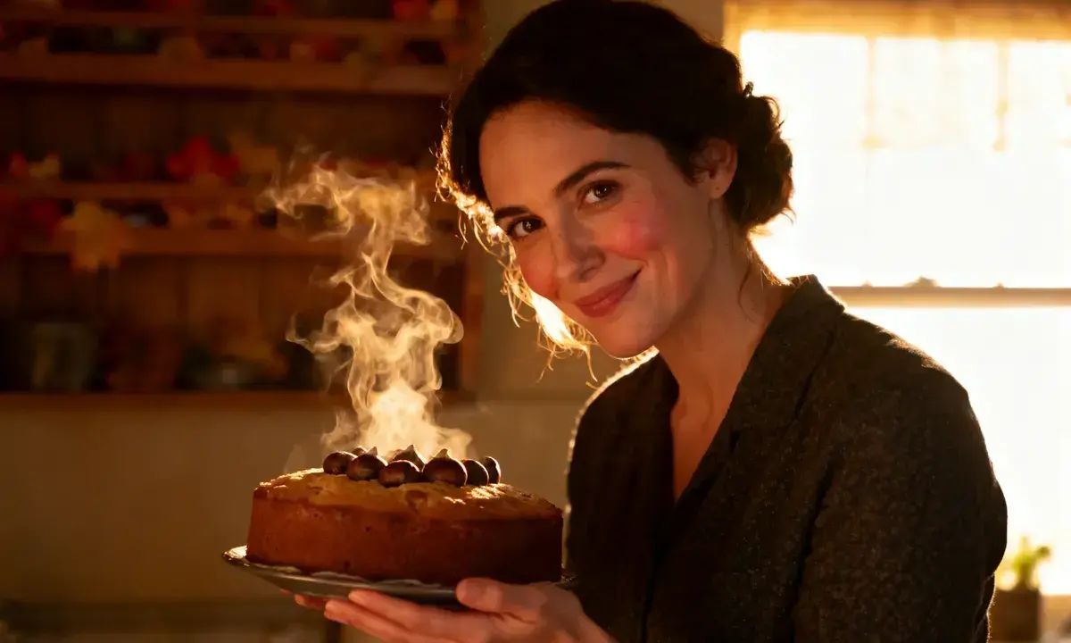 Une femme souriante présente un gâteau moelleux chataigne fumant, décoré de marrons.