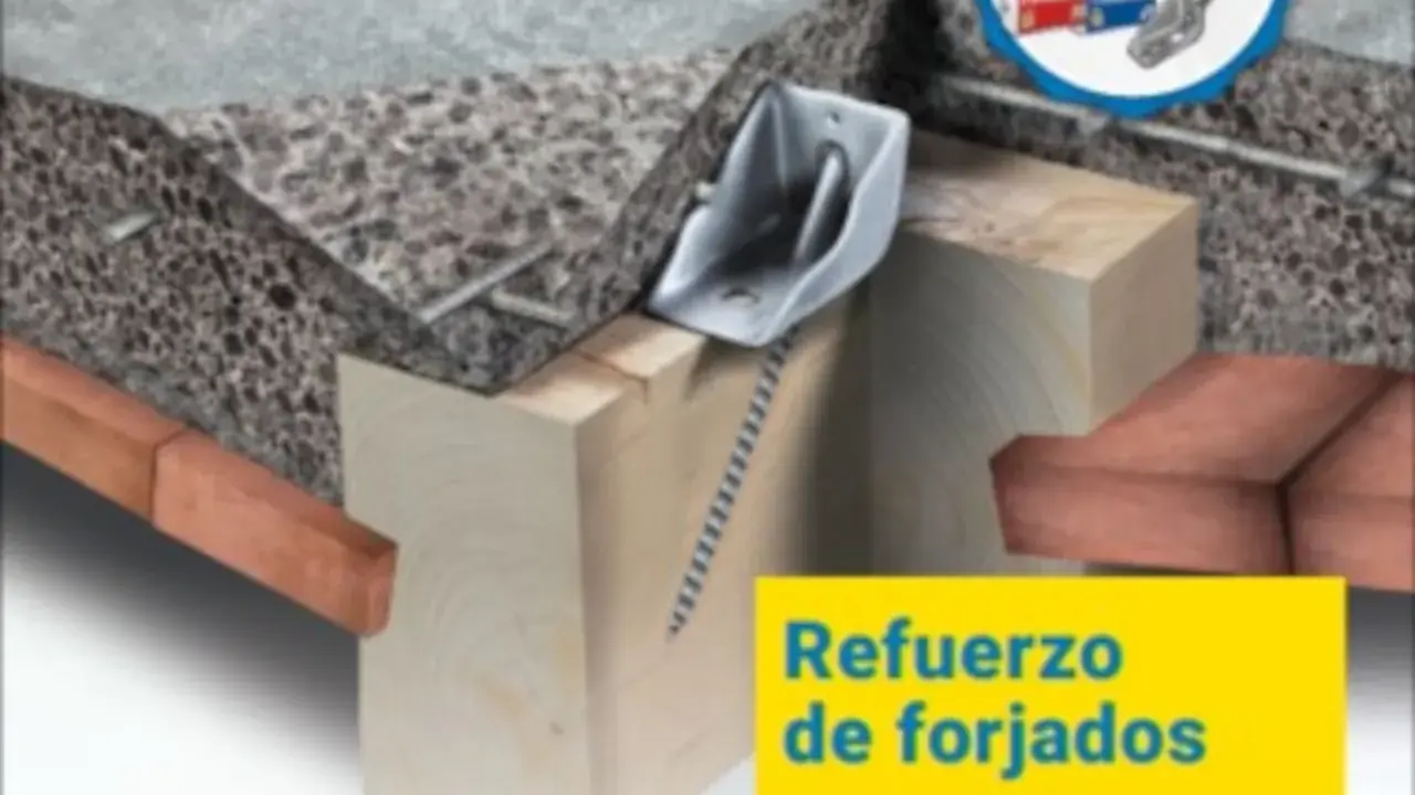 Detalle de construcción que muestra un refuerzo de forjado con una pieza metálica y una capa de compresión de hormigón ligero.