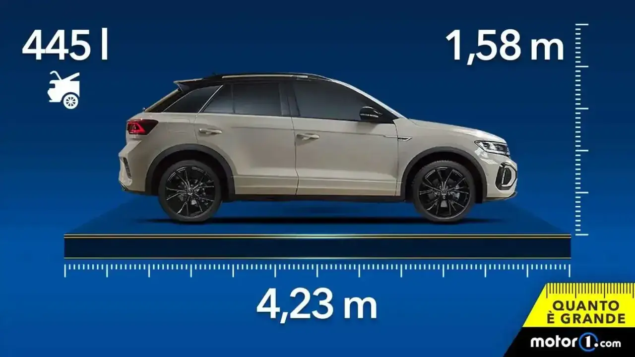 Il t roc ha dimensioni di 4,23 m di lunghezza e 1,58 m di altezza, con un bagagliaio da 445 l.