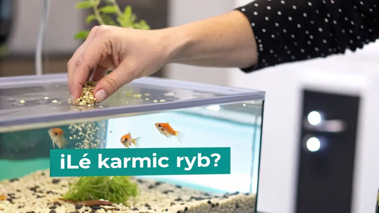Dłoń wsypuje pokarm do akwarium, gdzie pływają złote rybki. Zastanawiasz się, co jedzą karasie?
