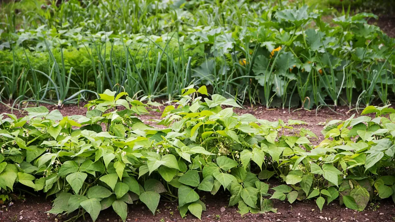 Un potager illustrant le schéma de rotation des cultures : haricots verts au premier plan, suivis d'oignons, de carottes, de courgettes et de maïs.