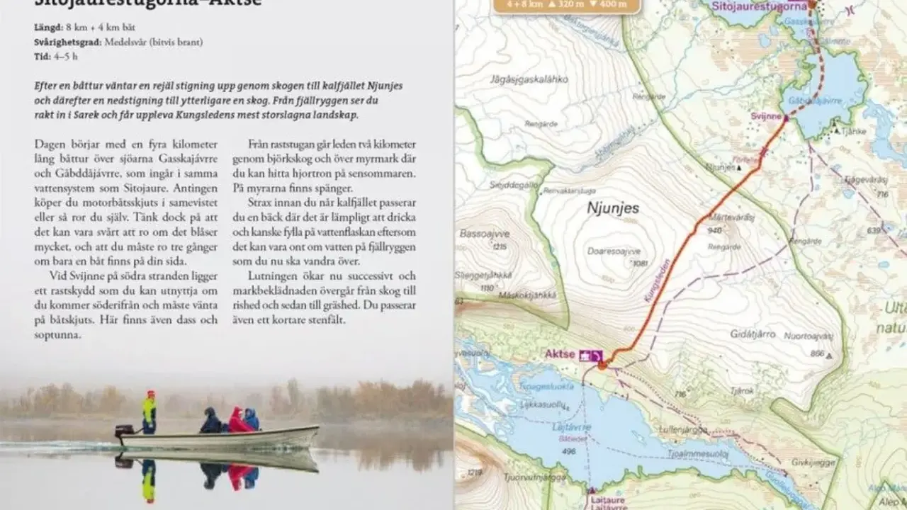 Vandra hela Kungsleden: båttur över sjöar, sedan stigning genom skog till kalfjället Njunjes. Fantastisk utsikt över Sarek.