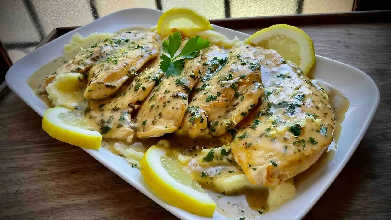 Delicioso pollo al limón con puré de patatas, adornado con rodajas de limón y perejil fresco.