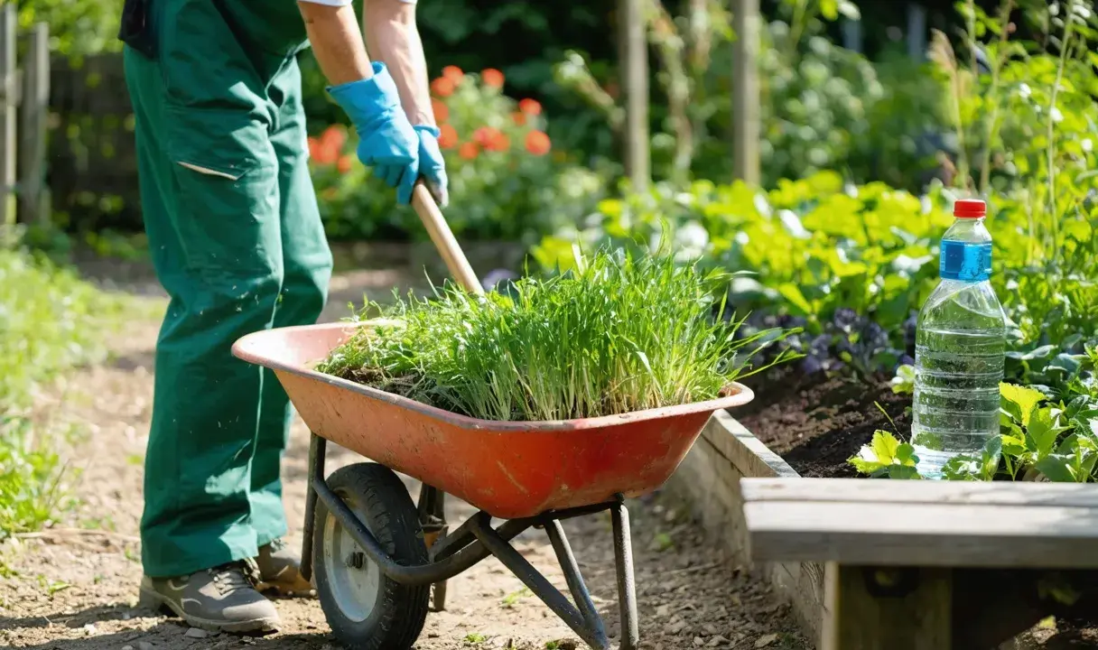 Un jardinier utilise une brouette, un outil pour désherber, remplie d'herbes fraîches.