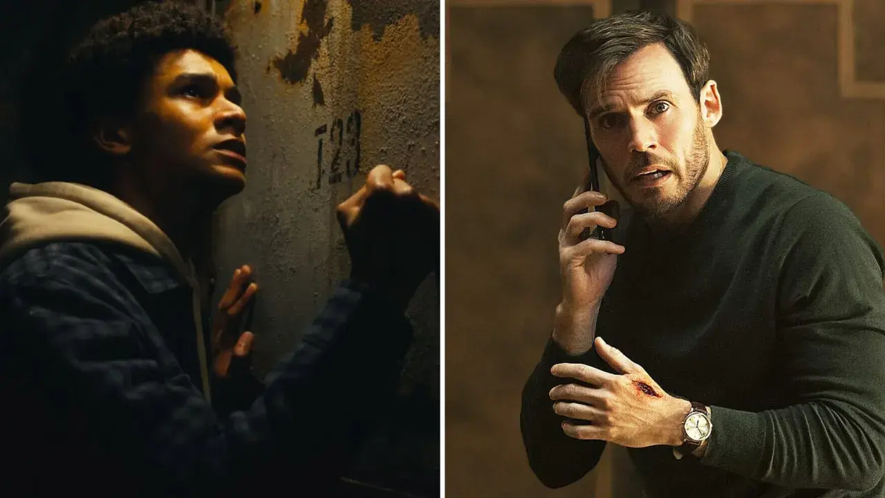 Två män i dramatiska scener från Harlan Coben serier. En ung man trycker sig mot en vägg, en annan man pratar i telefon med ett sår på handen.