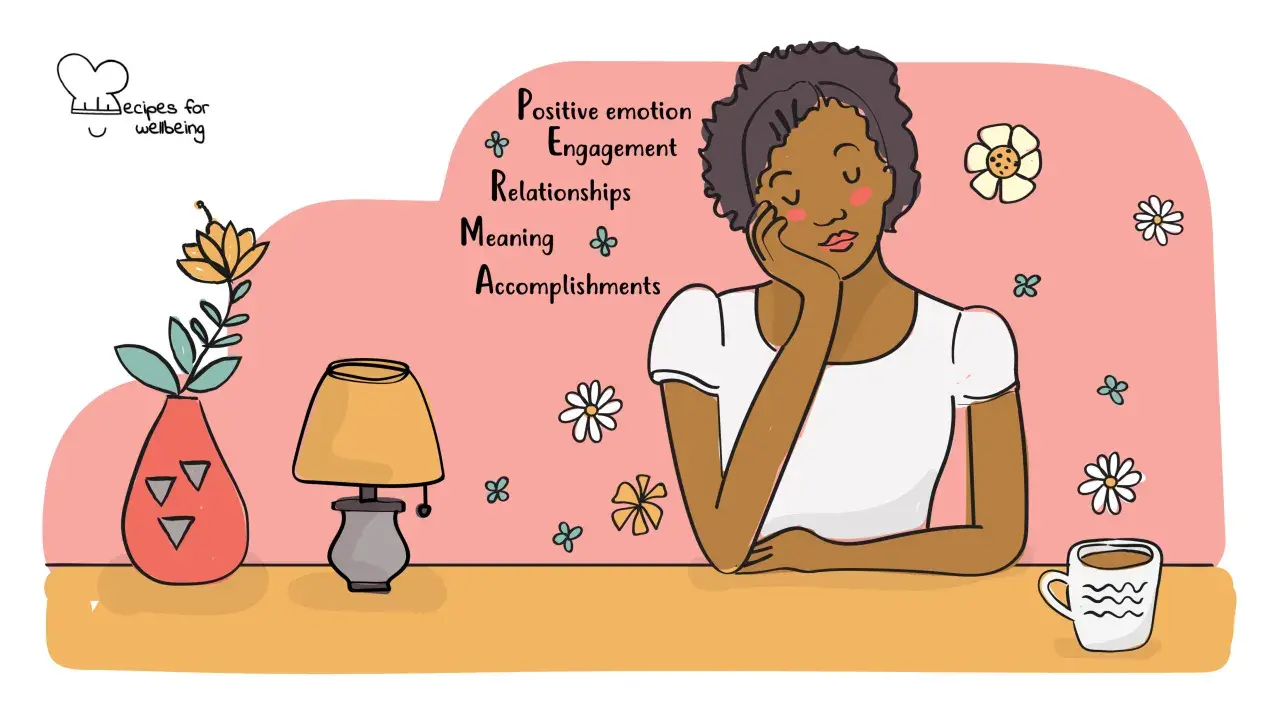 Modello PERMA: emozioni positive, coinvolgimento, relazioni, significato e realizzazioni. Una donna riflette su questi elementi per il benessere.