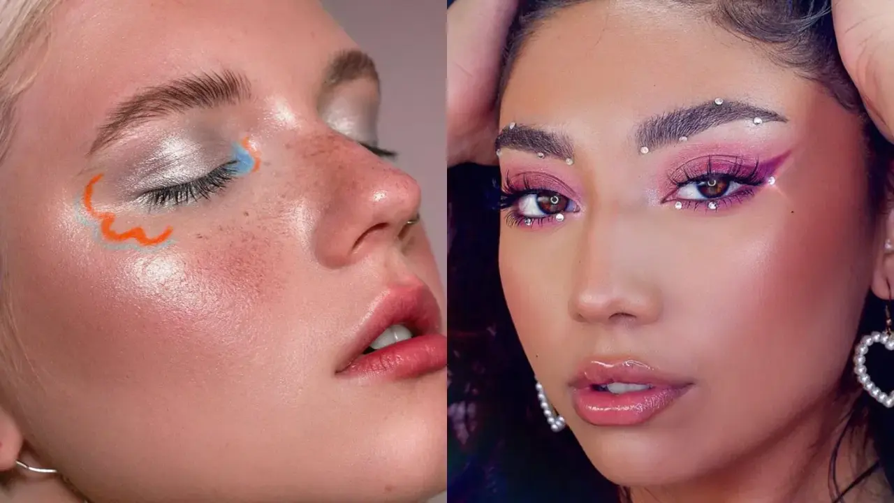 Dos looks de maquillaje: uno con delineado artístico en **línea de agua** y sombras plateadas, el otro con sombras rosas, pedrería y delineado dramático.